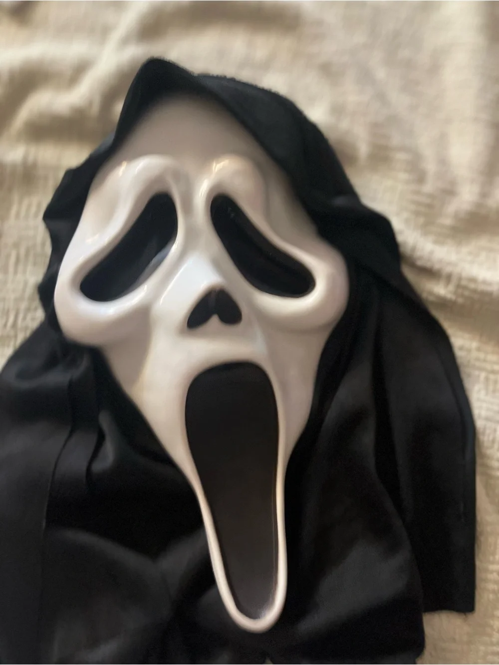 White and Black Scream-Style Face Mask with Black Hood
